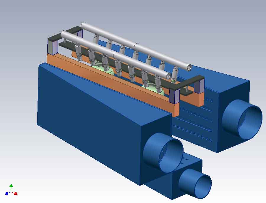 Computer rendering of a non-contact cleaning system with two blue air housings and a nozzle manifold