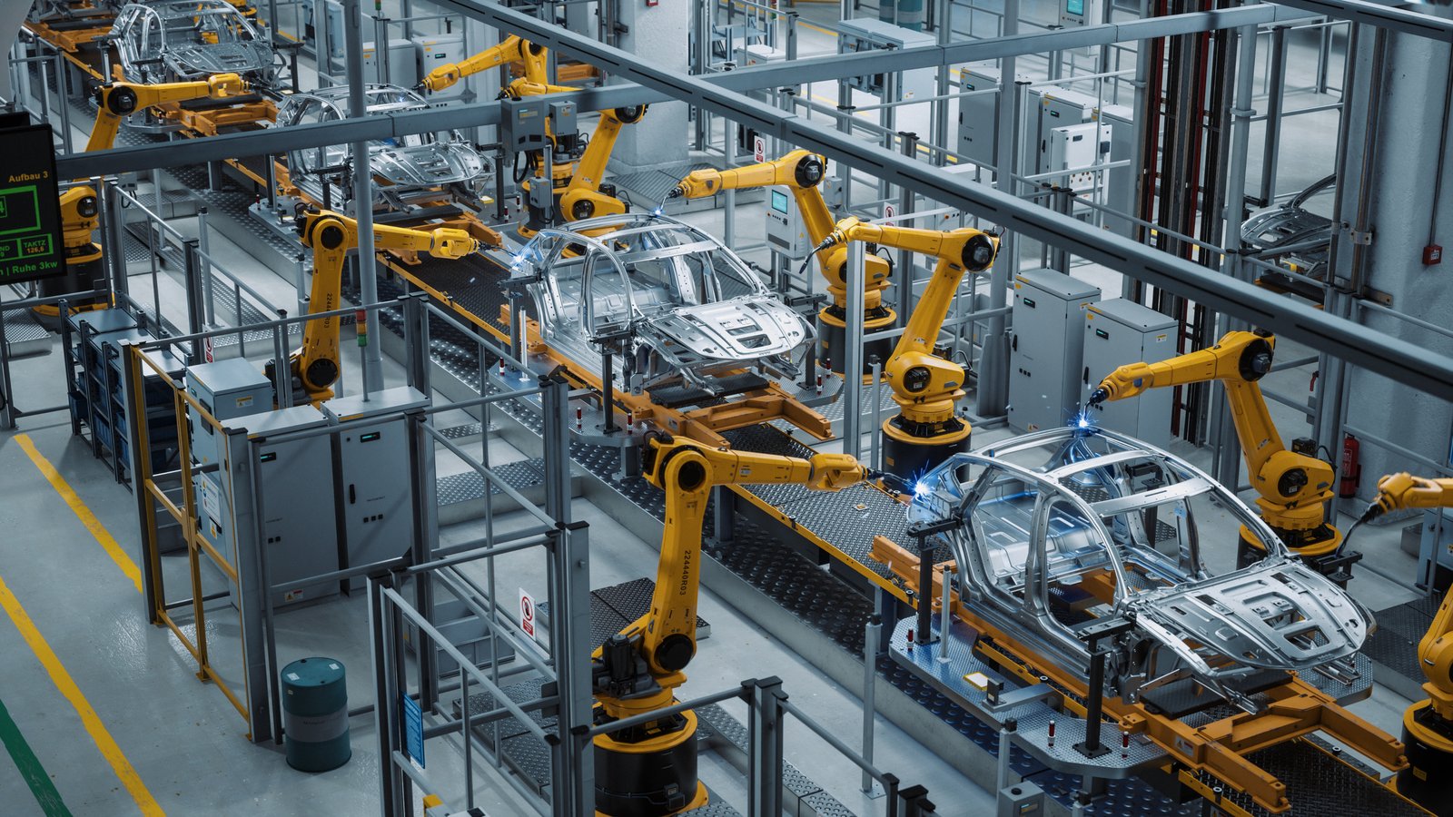 Robotic arms assembling car bodies on an automated production line
